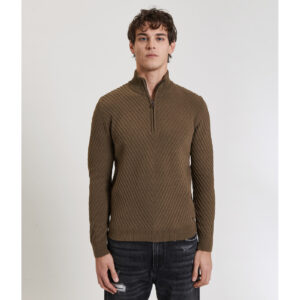 Maglione a coste diagonali con zip – marrone